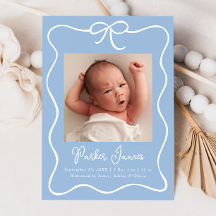 Charming Bow Blue Baby Boy Photo Birth Announcement