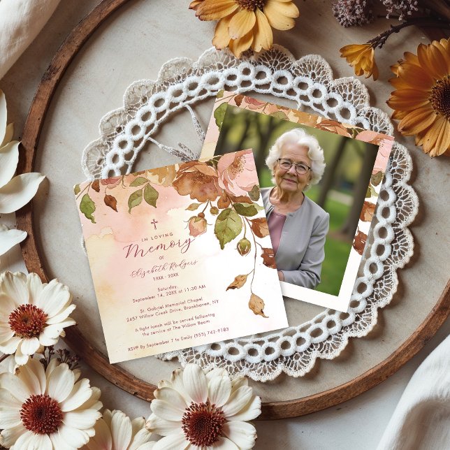 Charming Brown Floral Watercolor Effect Funeral  Invitation (Charming Brown Floral Watercolor Effect Funeral Invitation Design with Back Photo.)