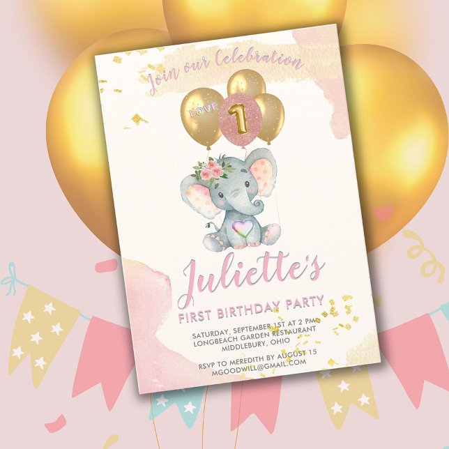 Charming BUDGET Pink Elephant First Birthday Girl  Invitation (Creator Uploaded)