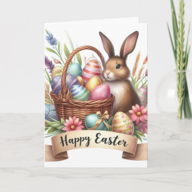 Charming Bunny Basket Illustration Easter Holiday Card (Front)