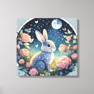 Charming Bunny in a Spring Meadow Under a Starry W Canvas Print