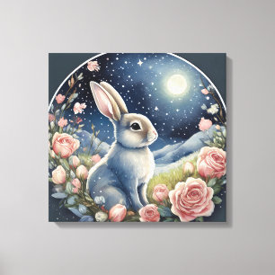 Charming Bunny in a Spring Meadow Under a Starry W Canvas Print