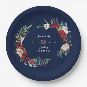 Charming Burgundy Blue Floral Wreath Girl Baptism Paper Plate