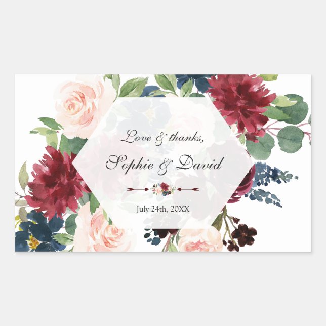 Charming Burgundy Floral Hexagon Frame Wedding Sticker (Front)