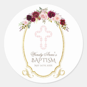Charming Burgundy Marsala Floral Baptism Monogram Classic Round Sticker