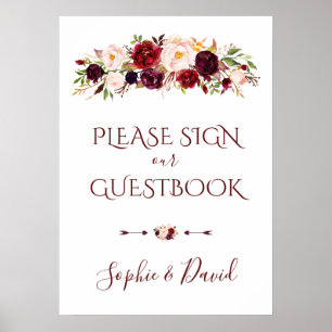 Charming Burgundy Marsala Floral Guestbook Sign
