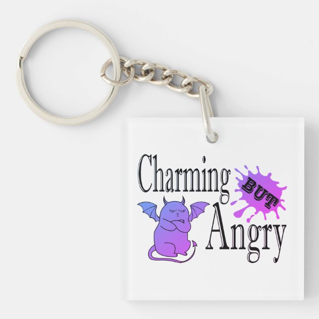 Charming but angry little devil cat funny quote keychain (Front)