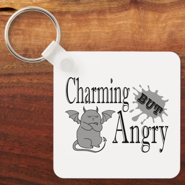 Charming but angry little devil cat funny quote keychain (Front)