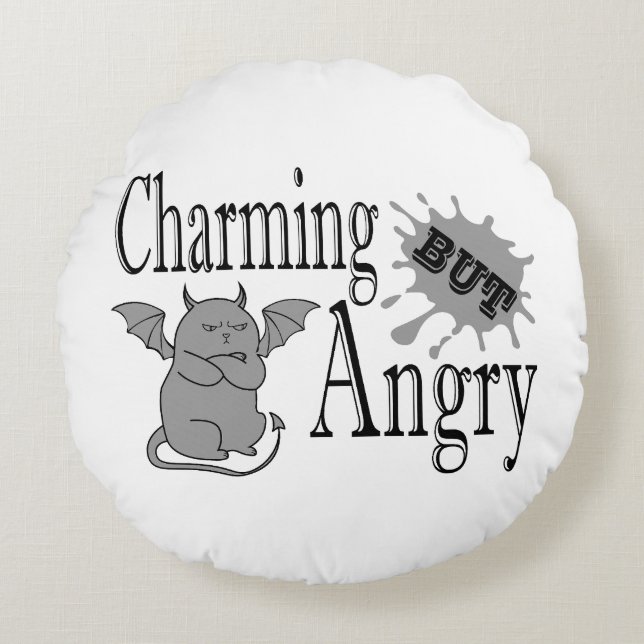 Charming but angry little devil cat funny quote round pillow (Front)