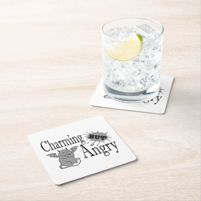 Charming but angry little devil cat funny quote square paper coaster (Insitu)