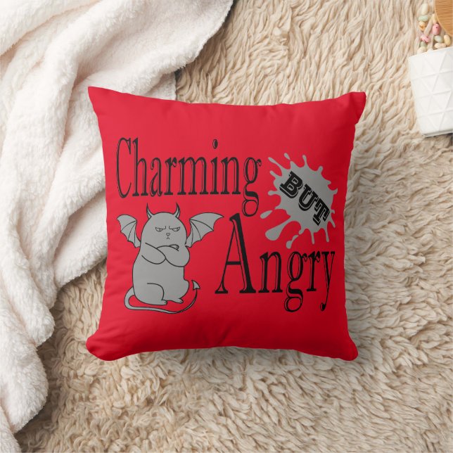 Charming but angry little devil cat funny quote throw pillow (Blanket)