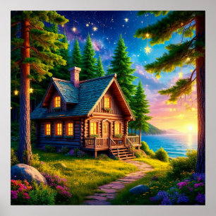 Charming Cabin by a Lake with Starry Sky Poster