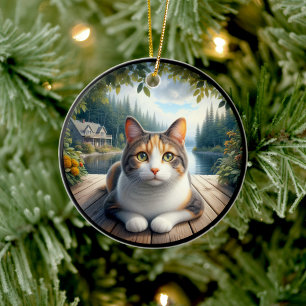 Charming Calico Cat Rustic Scene Ceramic Ornament