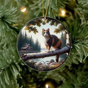 Charming Calico Cat Rustic Scene Ceramic Ornament