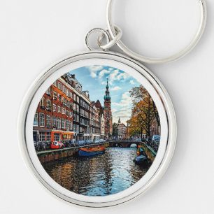 Charming Canal Scene in Amsterdam Keychain