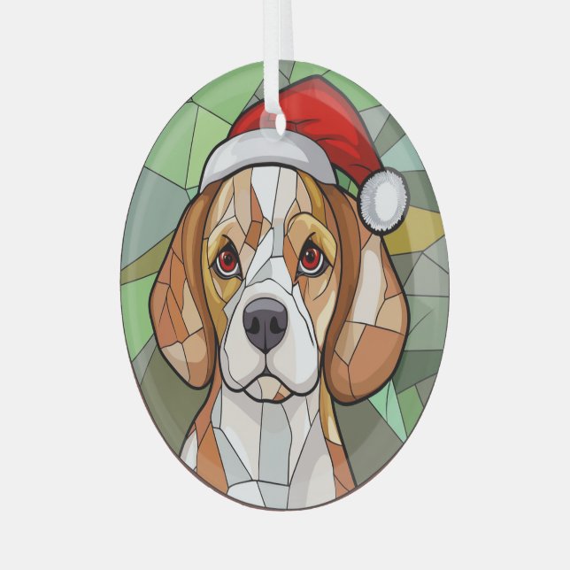 Charming Canine Cheer: Beagle themed Christmas Glass Ornament (Front Left)