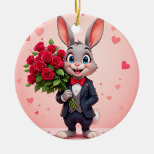 Charming Cartoon Bunny Holding Roses Ceramic Ornament