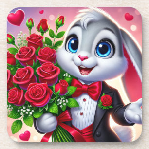 Charming Cartoon Bunny Holding Roses Coaster