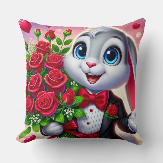 Charming Cartoon Bunny Holding Roses Throw Pillow (Front)