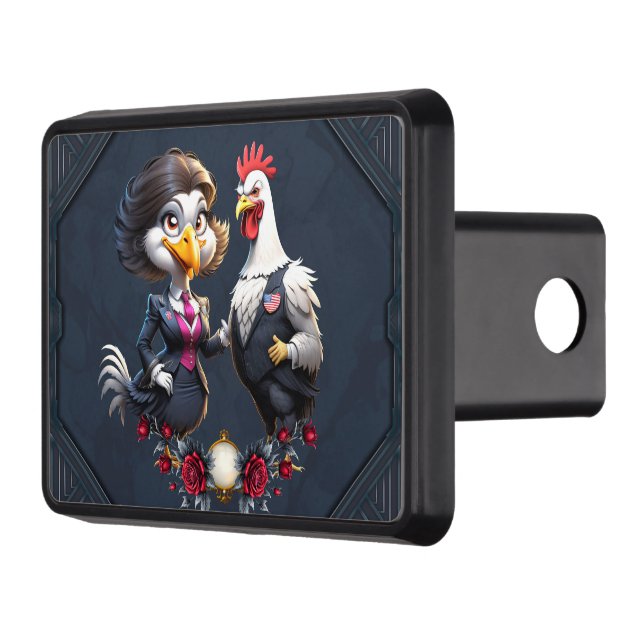 Charming cartoon chicken couple. trailer hitch cover (Left)