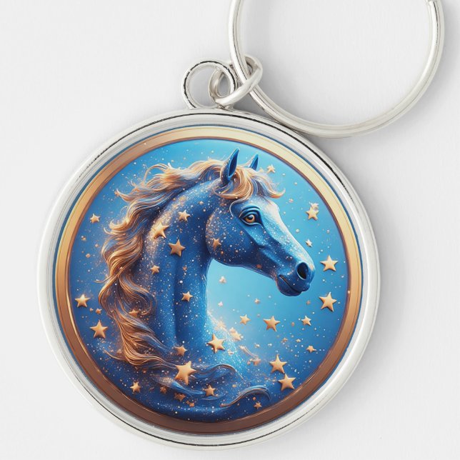 Charming Cartoon Horse Portrait With Stars Keychain (Front)