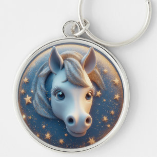 Charming Cartoon Horse Portrait With Stars Keychain