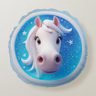 Charming Cartoon Horse Portrait With Stars Round Pillow