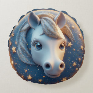 Charming Cartoon Horse Portrait With Stars Round Pillow