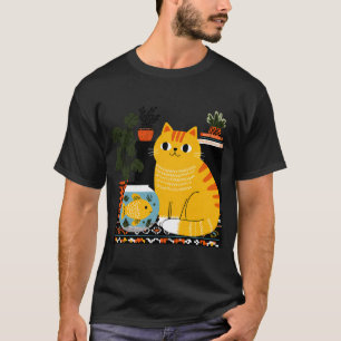 Charming Cat and Goldfish Bowl: A Cozy Home Scene T-Shirt