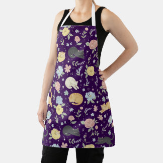 Charming Cat and Pastel Flower Pattern Apron 