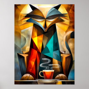 Charming Cat – Cubist Philosopher with Coffee Poster