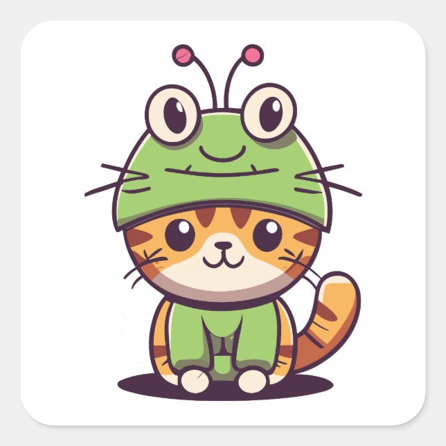 Charming Cat in Frog Hat - Adorable Baby Kitten Square Sticker (Front)