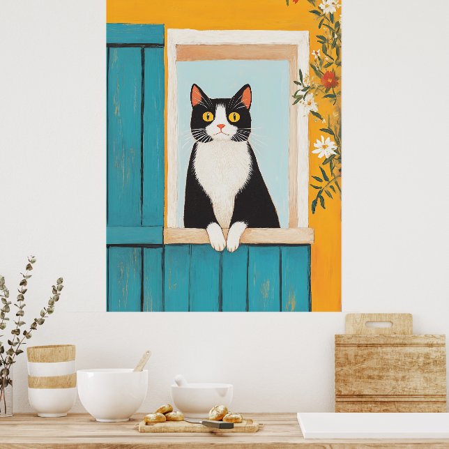 Charming Cat in Window Poster (Kitchen)