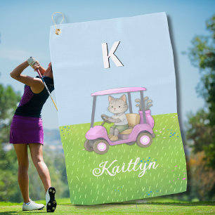 Charming Cat Pink Cart Purr-fectly on Par  Golf Towel