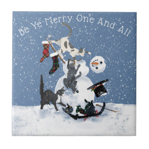 Charming cats and the snowman personalized 4 tile