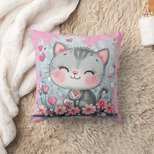 Charming Chibi Cat Decorative Pillow Floral (Blanket)