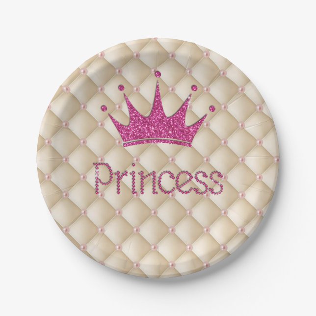 Charming Chic Pearls ,Tiara, Princess,Glittery Paper Plate (Front)