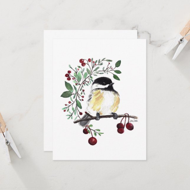 Charming Chickadee Watercolor Note Card (Front/Back In Situ)