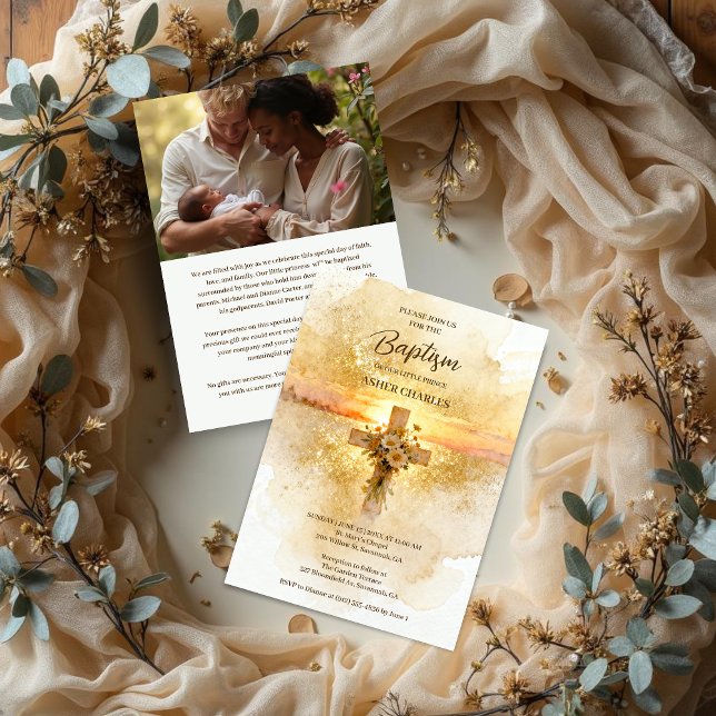 Charming Christian Wildflowers Cross-Shape Baptism Invitation (Charming Christian Floral Wildflowers Cross Watercolor Effect Gold Glitter Effect Baptism Invitation)