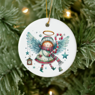 Charming Christmas Angel Modern Folk Art Style Ceramic Ornament