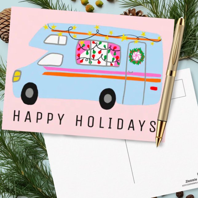 Charming Christmas Camper Vintage RV Xmas Postcard (Cute custom holiday postcard with camper in pink and blue)
