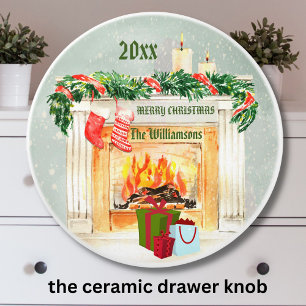 Charming Christmas Fireplace Scene Ceramic Knob