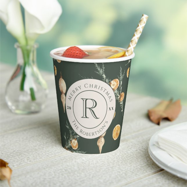 Charming Christmas Forest Green Monogram Paper Cups (Insitu)