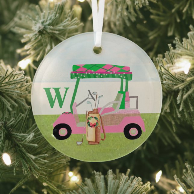 Charming Christmas Golf Cart with Clubs Monogram   Glass Ornament (Insitu)