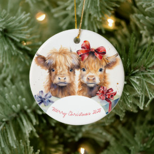 Charming Christmas Highland Cows Ceramic Ornament