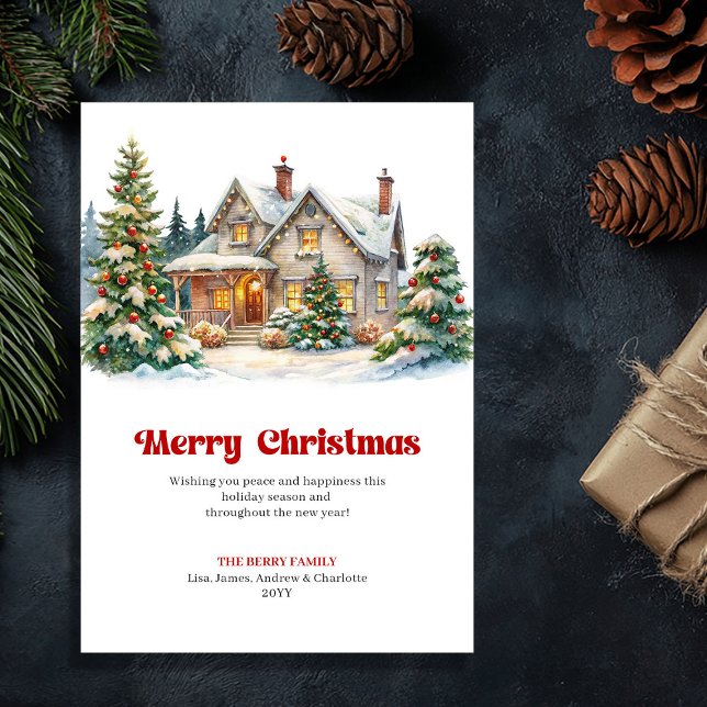 Charming Christmas house cozy festive scene  Holiday Card (Charming Christmas house cozy festive scene greeting)