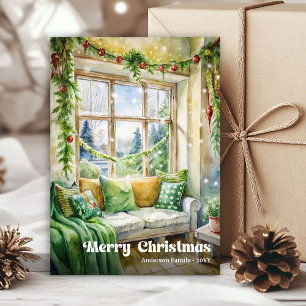 Charming Christmas scene card classic red green  