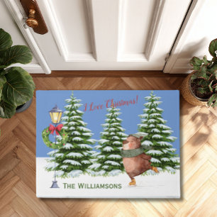 Charming Christmas Scene Snow Family Name  Doormat