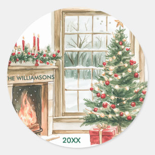Charming Christmas Scene Tree Gifts  Classic Round Sticker