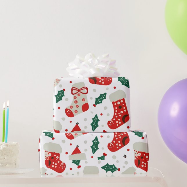 Charming Christmas Stockings and Holly Pattern Wrapping Paper (Party Gifts)